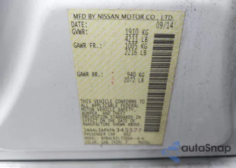 2015 Nissan Altima 2.5 Sl from USA, damaged, VIN 1N4AL3APXFN345577